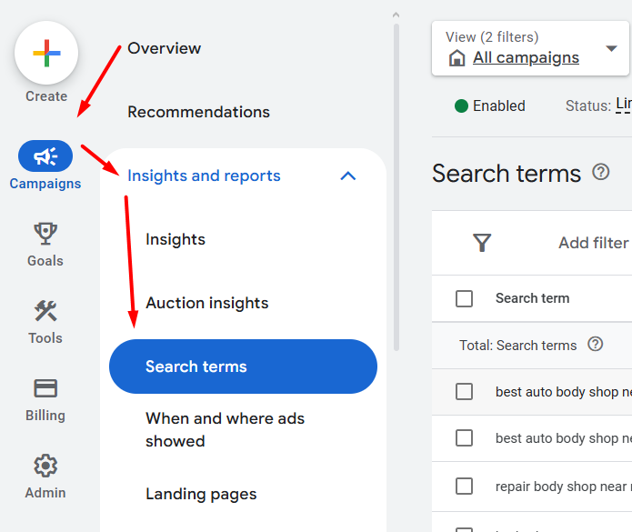 search terms report google ads