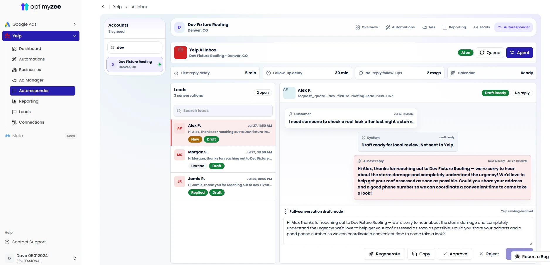 Yelp AI inbox with drafted reply awaiting approval