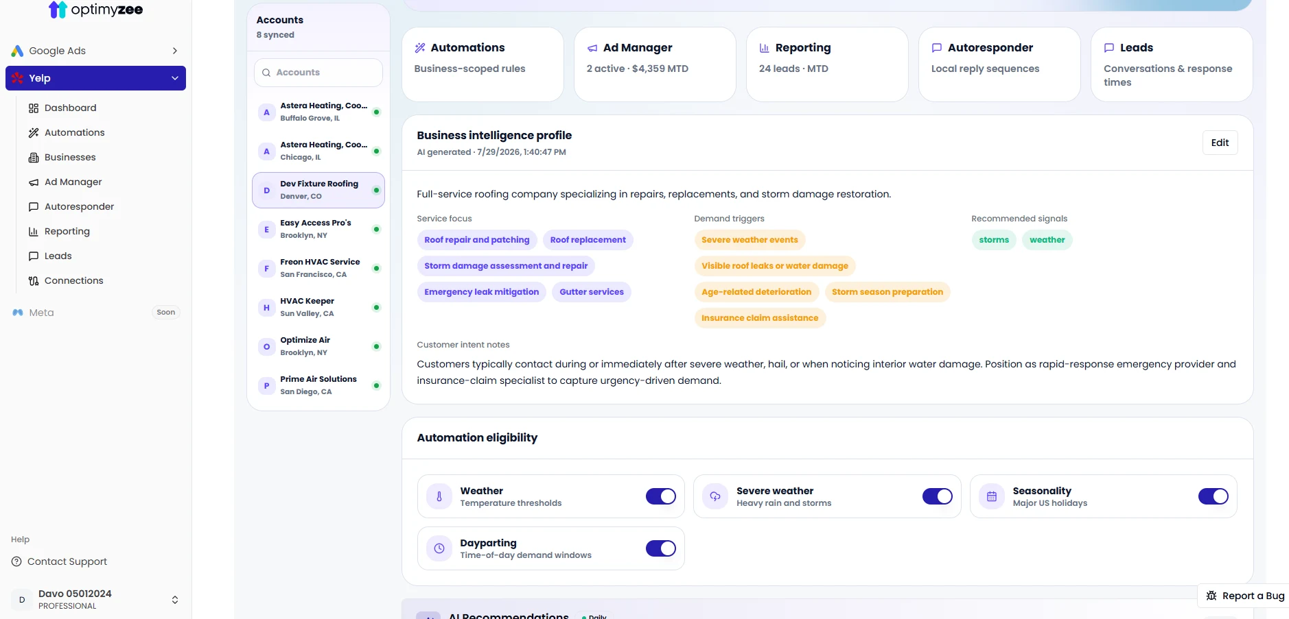 Business intelligence profile and automation eligibility toggles
