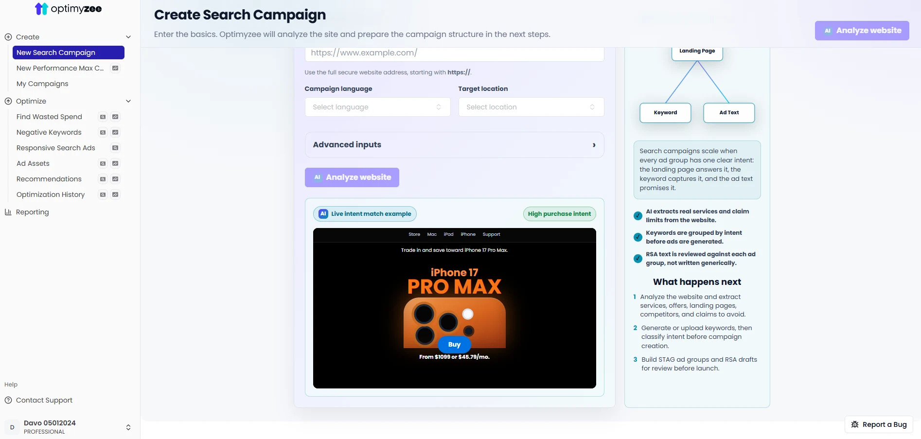 Create Search Campaign - Optimyzee