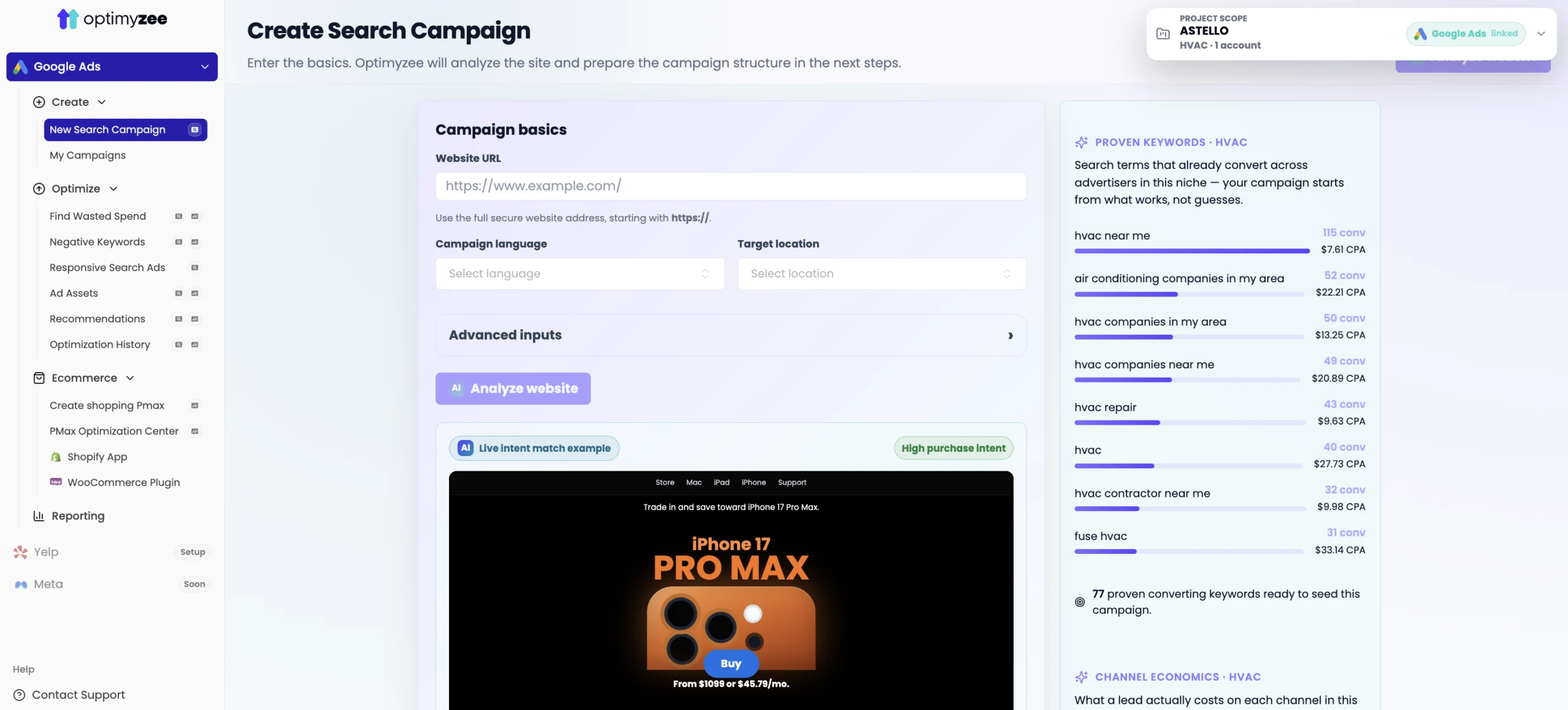 Optimyzee - Google Ads campaign creation