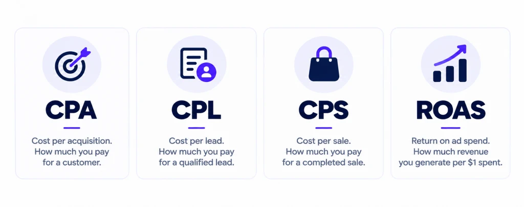 The four core performance marketing metrics, CPA, CPL, CPS, and ROAS
