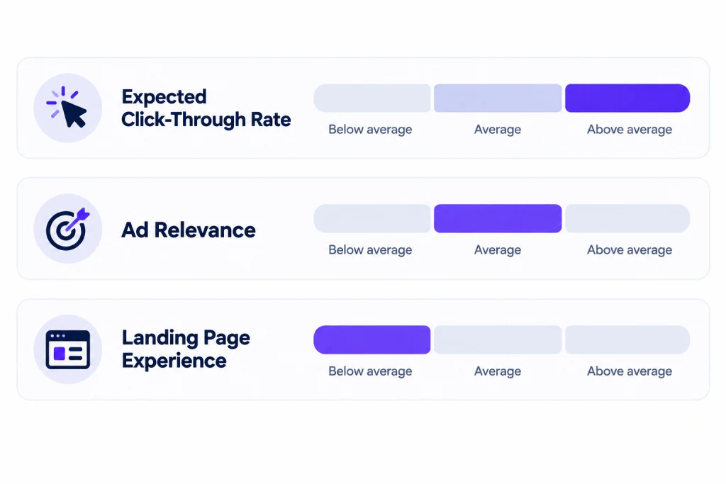 The three components of Google Ads Quality Score, expected CTR, ad relevance, and landing page experience